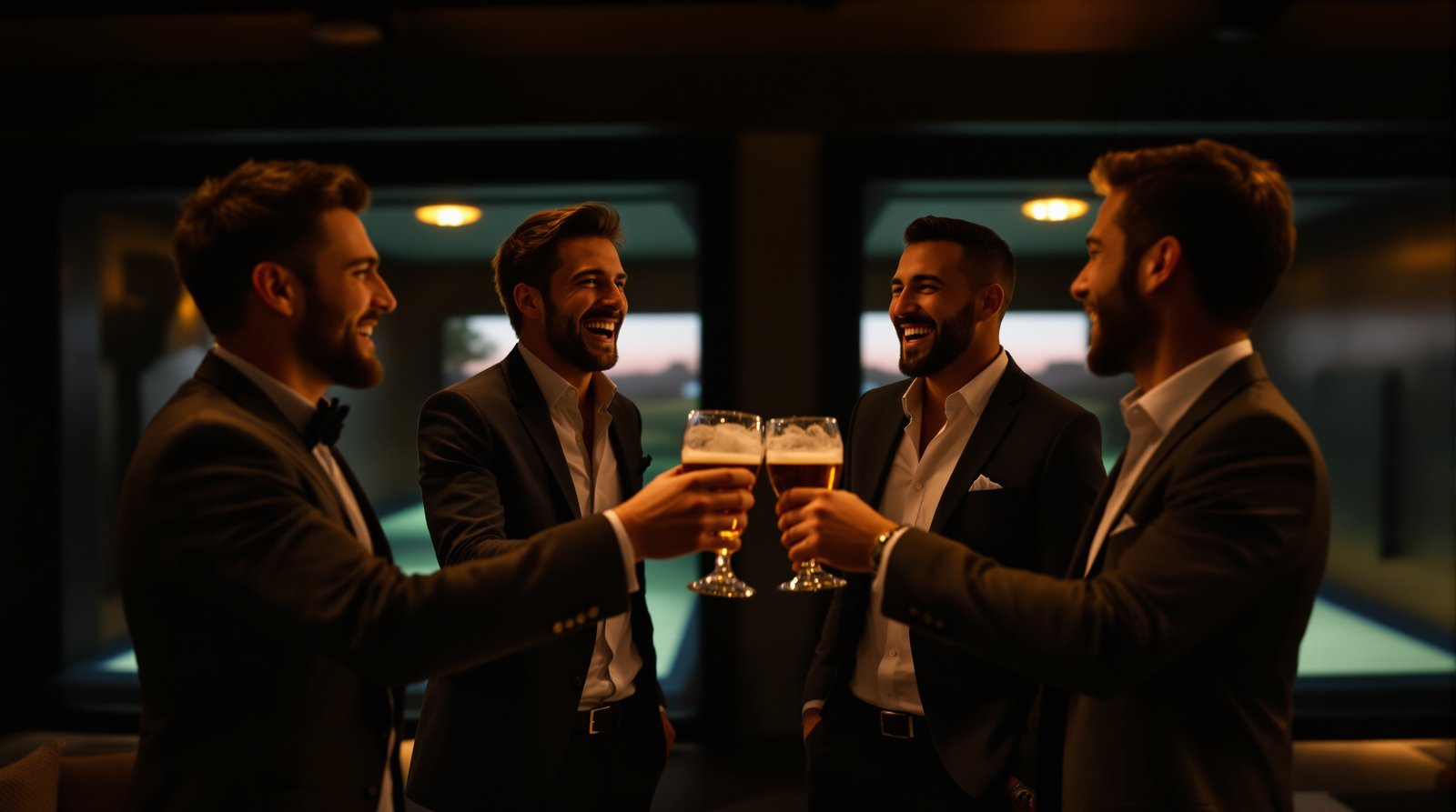 Vier Freunde stoßen mit Bier in der Lounge an